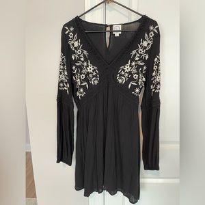 Blue Rain black long sleeved mini dress with embroidered flowers